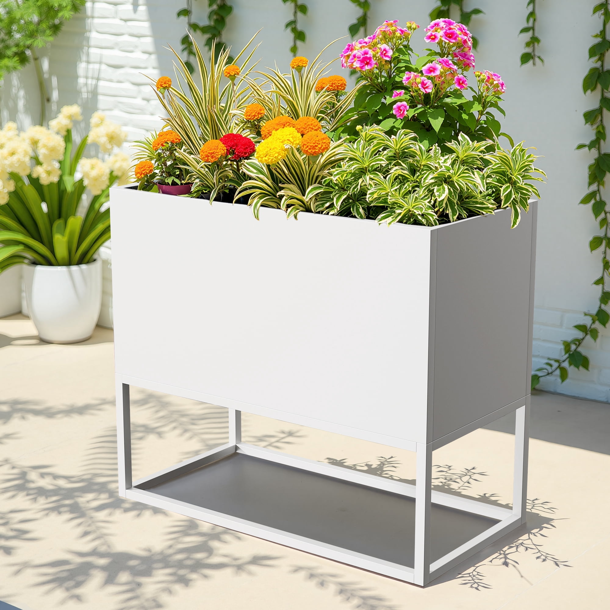 MAYEERTY 36*18*18" White Modern Rect Metal Planter Box with Stand for Outdoor Gardening, Patio & Balcony