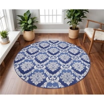 HomeRoots 552311 8 ft. Damask Distressed Round Rug, Ivory & Blue