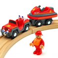 thumbnail image 1 of Juego de accesorios para vías de tren de madera, camión de bomberos con luz y sonido, vehículos pequeños, vagones magnéticos aptos para vías de tren de madera para niños y niñas (barco de bomberos), 1 of 7