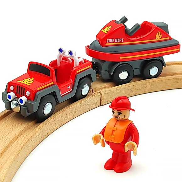Juego de accesorios para vías de tren de madera, camión de bomberos con luz y sonido, vehículos pequeños, vagones magnéticos aptos para vías de tren de madera para niños y niñas (barco de bomberos)