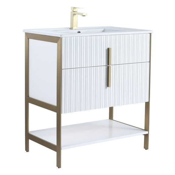 Fine Fixtures Serenity 30 in. W x 18 in. D x 33.5 in. H Bathroom Vanity in White Matte with Ceramic Sink Top in White with Satin Brass Hardware