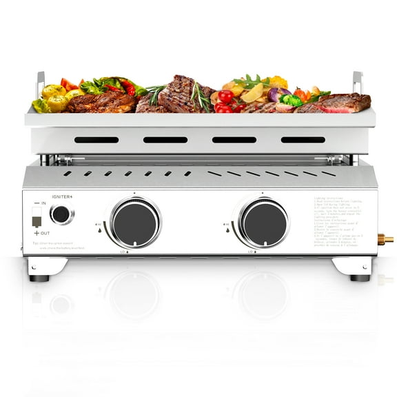 WAA Tabletop Gas Grill,Stainless Steel Propane Grill 2 Burners (16,000 BTU Total),Portable 23 Inch Propane Gas Grill Griddle with Handle for for Camping,Outdoor & Tailgating Barbecue