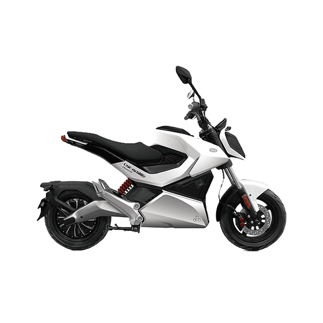 odysseus s3 + Moto eléctrica blanca OMO Mobility, vista lateral derecha 3/4, carenado blanco con paneles negros, asiento negro alargado, muelle trasero rojo, frenos de disco perforados en ambas ruedas, llantas negras y faro Full LED; diseñada para movilidad urbana con modos ECO/CONFORT/POWER, encendido NFC y control remoto y modo reversa, a menudo usada para desplazamientos diarios en ciudad.