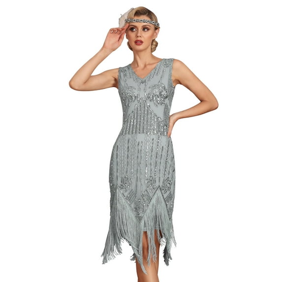 PrettyGuide Women's Great Gatsby Dress V Neck Sequin Beaded Long Fringe 20s Party 1920s Flapper Dress
