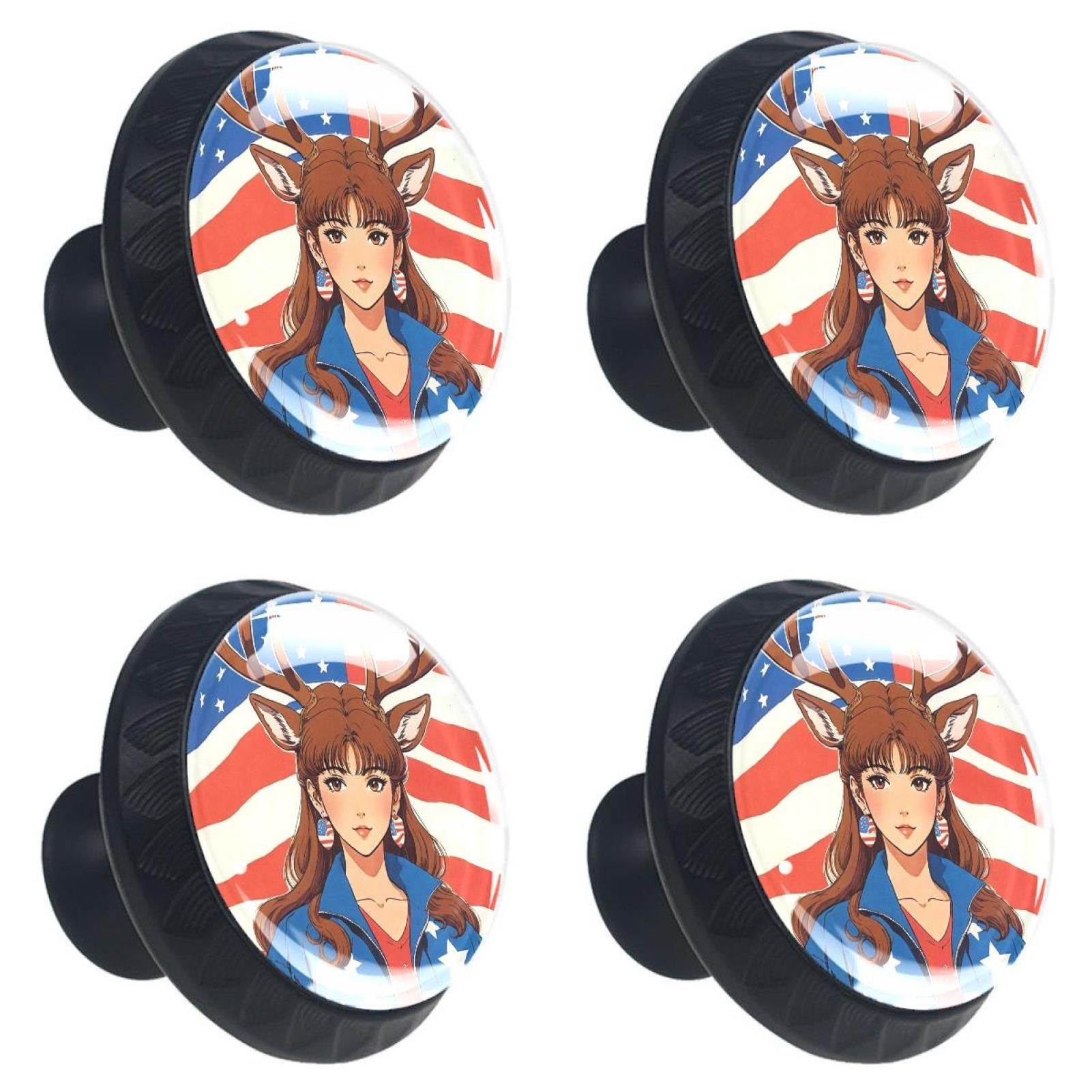 4 Pcs Deer Girl and American Flag Knobs for Kitchen Cabinet Cupboard Dresser Bookcase Drawer Pulls Handles Round Home Decor