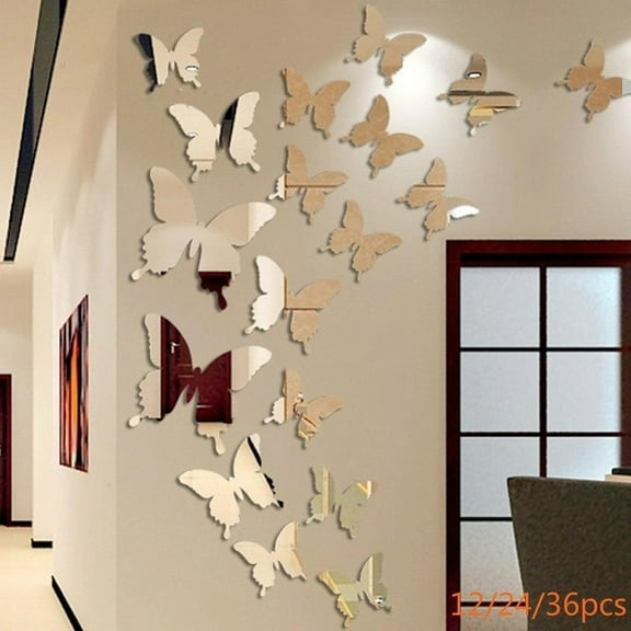HOTBEST 24Pcs 3D Butterfly Mirror Wall Sticker Decal Wall Art Removable Wedding Decoration Kids Room Decoration Sticker