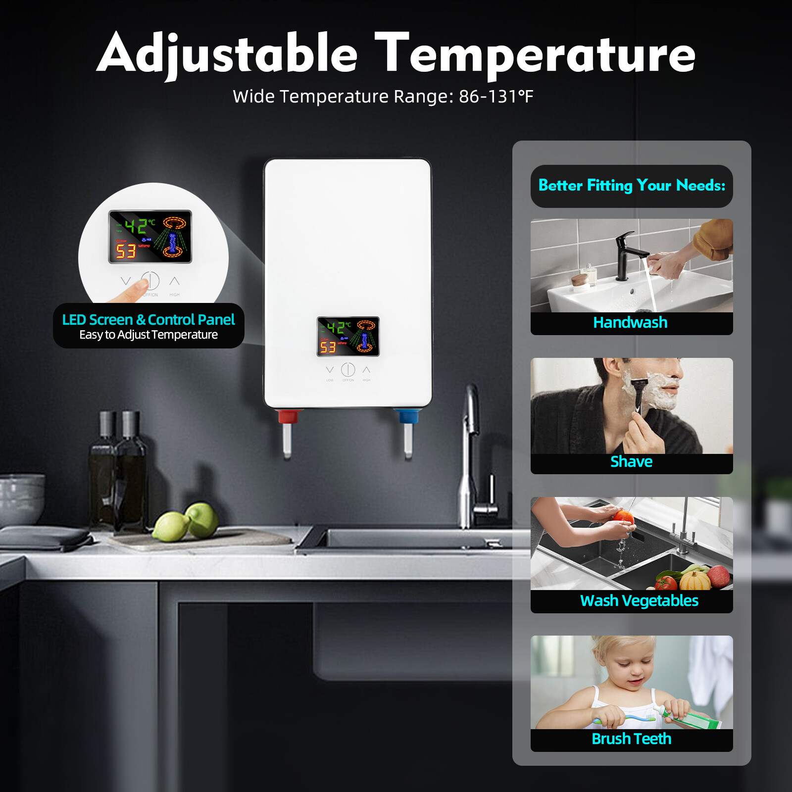110V Whole House Electric Tankless Instant Water Heater With Shower Head 4500W 10.83*7.2*2.76 inch for Kitchens, Bathrooms, Restaurants, Hotels