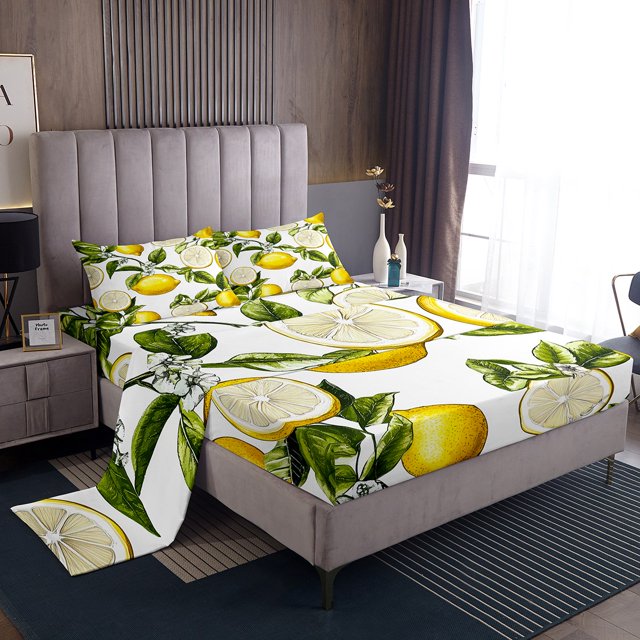 Erosebridal Lemon Fruit Twin Sheet Sets, Tropical Summer Holiday Bedding Twin Size, 3pcs