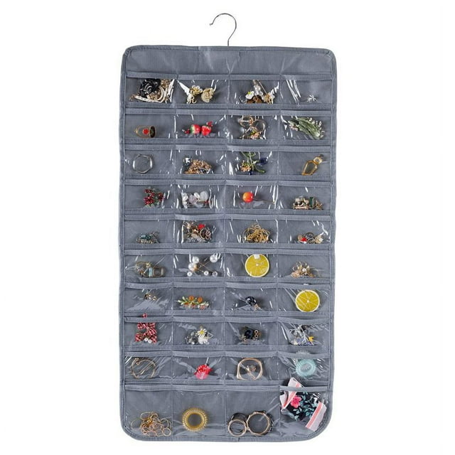 Hanging Jewelry Organizer With 80 Pockets Dual Sizes Non Woven Holder Accessory Display with Hanger Metal