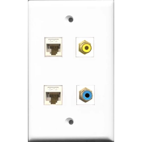 RiteAV 1 Port RCA Yellow and 1 Port RCA Blue 2 Port Cat6 Ethernet White Wall Plate