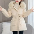 thumbnail image 2 of Fashion Winter Warm Coats for Womens Hooded Plus Size Solid Color Long Sleeved Waist Tied Jacket With Large Collar Hooded Pocket Zipper Jacket Detachable Inner Lining, 2 of 6