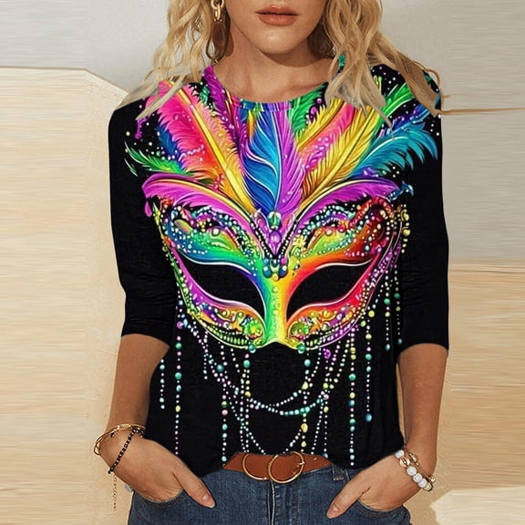 Qetyuw Mardi Gras Shirt for Women 3/4 Sleeve Purple Yellow Green Carnival Mask Print TShirt Crew Neck Theme Party Graphic Tees