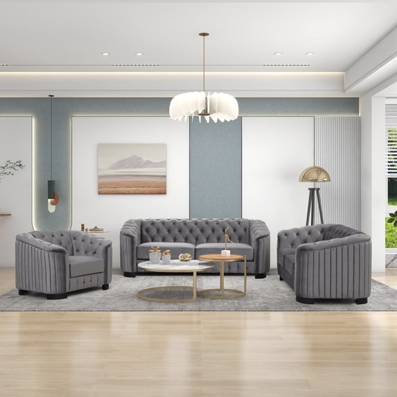 Living Room Sofa Set of 3, Modern Velvet Couch Set with 1 Single Chair 1 Loveseat and 1 3-Seater Sofa, Upholstered Accent Sofa with Button Tufted Back and Armrest, Solid Wood Legs, Gray