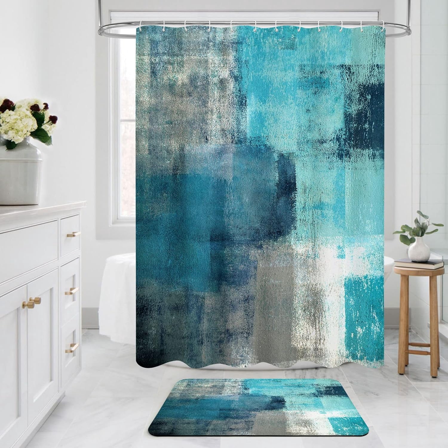Teal Blue Shower Curtains for Modern Abstract Bathroom Decor, Turquoise Green Fabric Shower Curtain, Vintage Country Grunge Style & Paint Brush Graffiti Design, 72 x 72