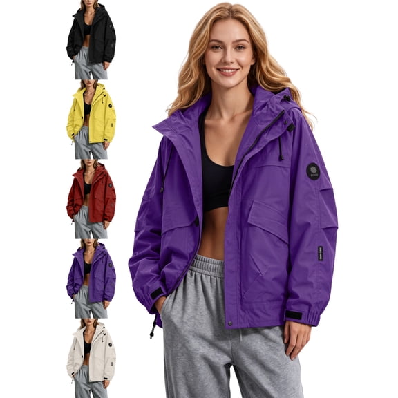 Windbreaker Jacket for Women Oversized Hooded Windproof Water Resistant Hiking Casual Cargo Outdoor Rain Jacket with Pockets