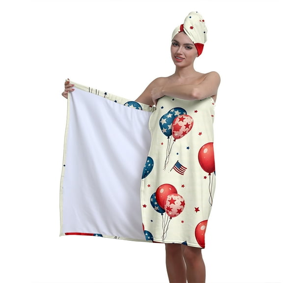 Colevkie Women 2 Pieces Shower Skirt & Hair Drying Cap Set Adjustable Soft Bath Towel Shower Cap Polyester for Home Bathroom Sauna Beach Printed Independence Day Balloons Pattern