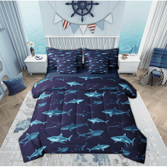 Manfei Cartoon Navy Shark Bedding Comforter Set 7pcs, Kawaii Ocean Sealife Queen Bedding Sets, Teens Boys Girls Kids Reversible Queen Sheet Sets, Ultra Soft Home Decor