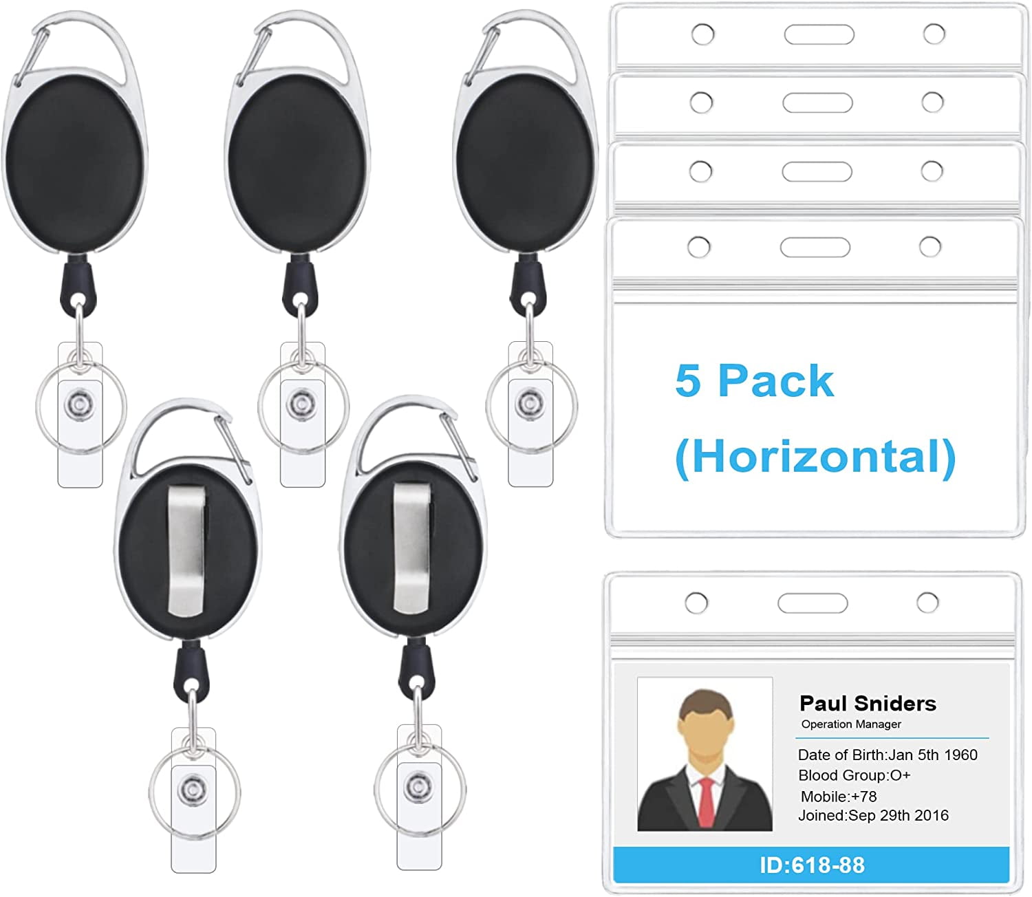 5 Pack Heavy Duty Retractable Badge Holders with Carabiner Reel Clip and  Vertical Style Clear ID Card Holders, 24 inches Thick Pull Cord 