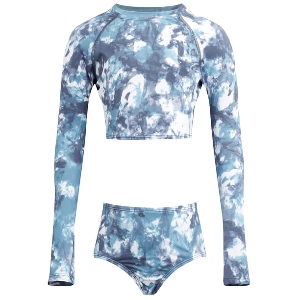 Kanu Surf Conjunto de natación de dos piezas de manga larga Rashguard UPF 50 para niñas Seafoam crop Denim Blue 10