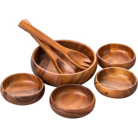 Premier Housewares Salad Bowl Wooden Bowls Salad Bowl & Servers Wood Fruit Bowl Salad Bowl Fruit Bowls Monkey Pod Salad Set 7 pieces,Natural,H5 x W20 x D20cm