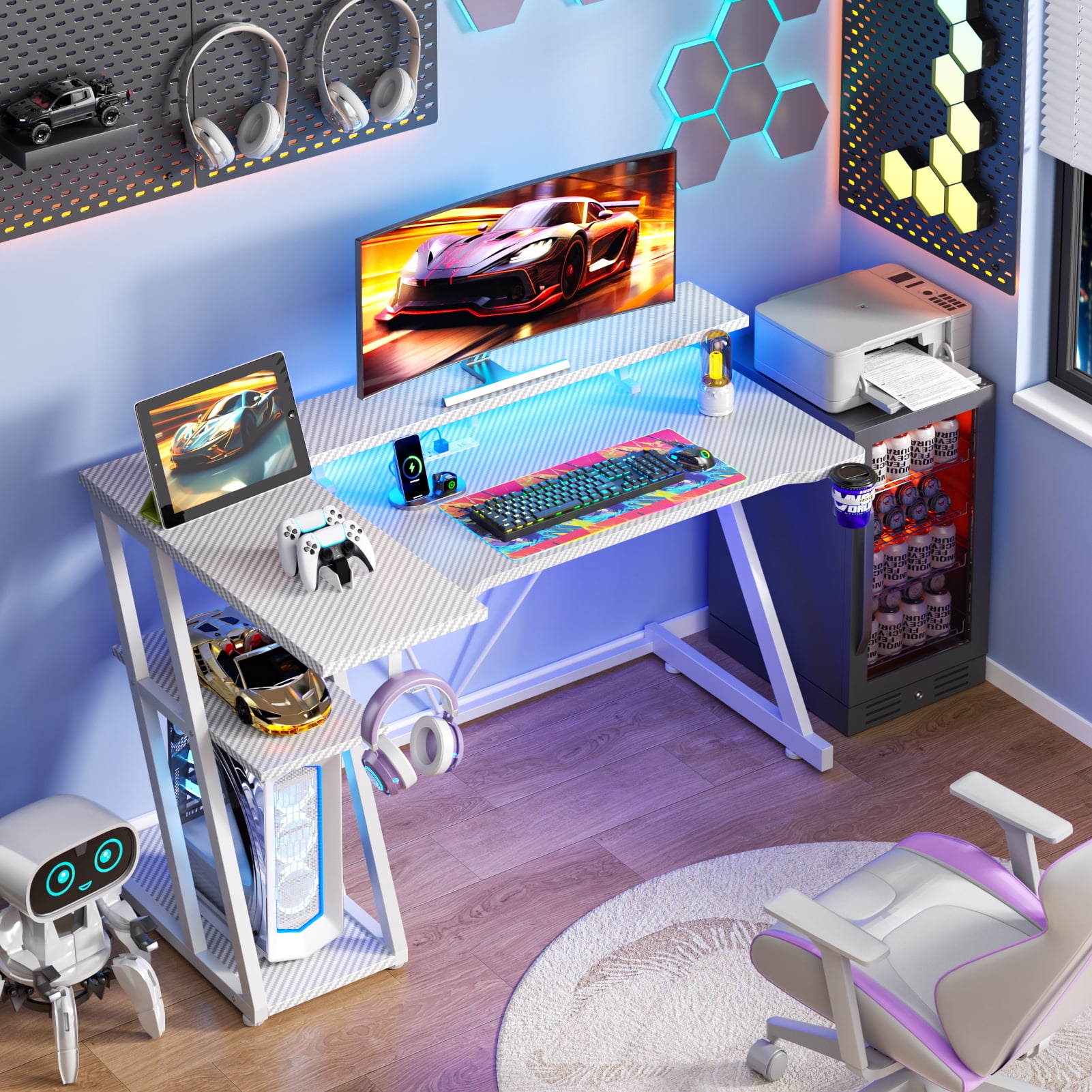 Satifur 47" Pro L-Shaped Gaming Desk White, RGB LED, Power Hub & Monitor Riser for Ultimate Setup