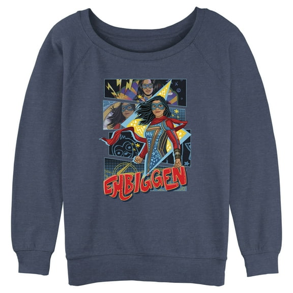 Junior's Marvel: Ms. Marvel Retro Kamala Embiggen  Sweatshirt Blue Heather Large