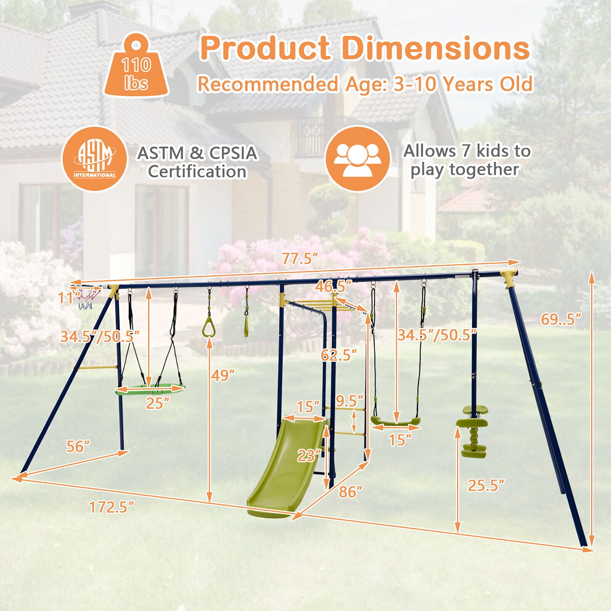 Gymax 660 lbs Kids Metal Swing Set for Backyard 7-in-1