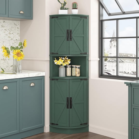 LUDYSHARE 64.8" Farmhouse Corner Cabinet, 4 Doors, 5 Shelves, Barn Door Design, Space Saver for Living Room, Kitchen, Laundry Room, Green