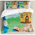 thumbnail image 1 of Gnome Duvet Cover Set Queen Size, Elf Gardening Outside of His Magic House in Forest Dreamland Print, Decorative 3 Piece Bedding Set with 2 Pillow Shams, Green Pale Blue Baby Pink, by Ambesonne, 1 of 3