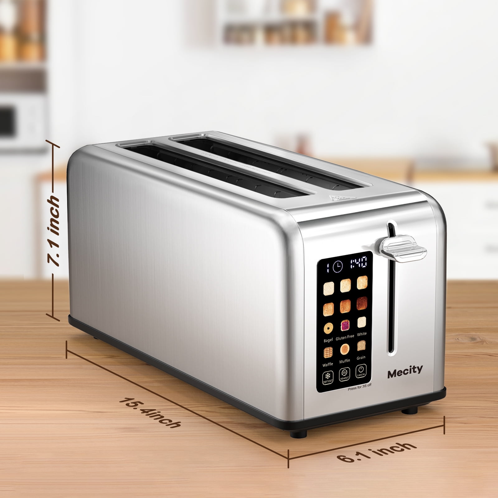 Mecity 4-Slice Toaster with Touchscreen, Stainless Steel, Long Slots, Crumb Tray, Timer, Defrost, Reheat, 120V 1400W, Silver