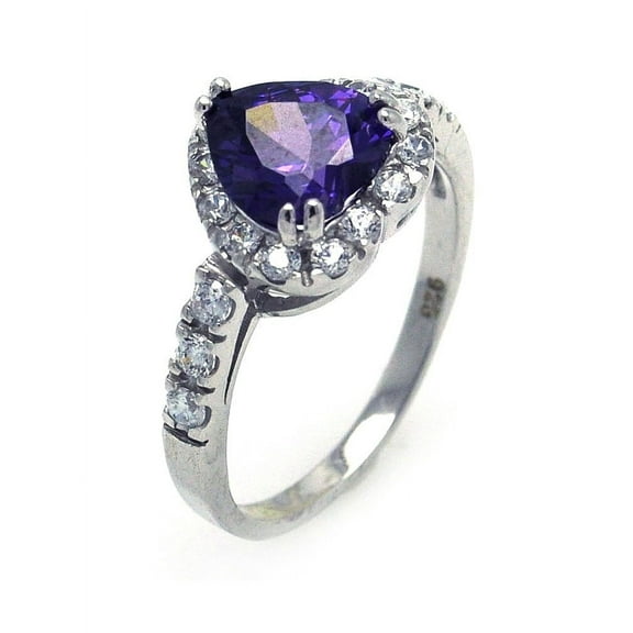 Simulated Amethyst Center Clear Cluster Cubic Zirconia Heart Ring Rhodium Plated Sterling Silver Size 8