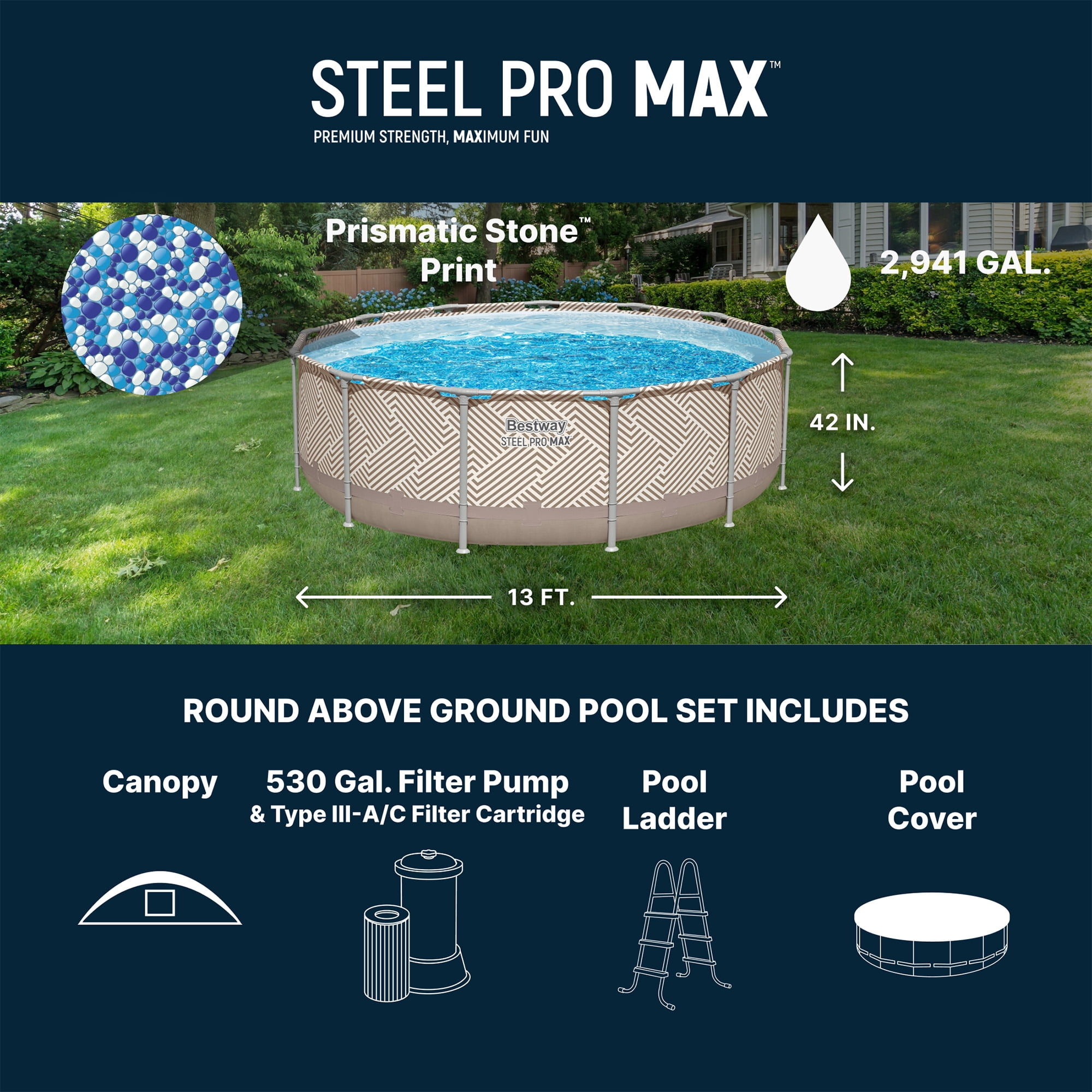 Bestway Steel Pro MAX 13'x42" Metal Frame Above Ground Pool, Canopy, Pump, Ladder, & Cover