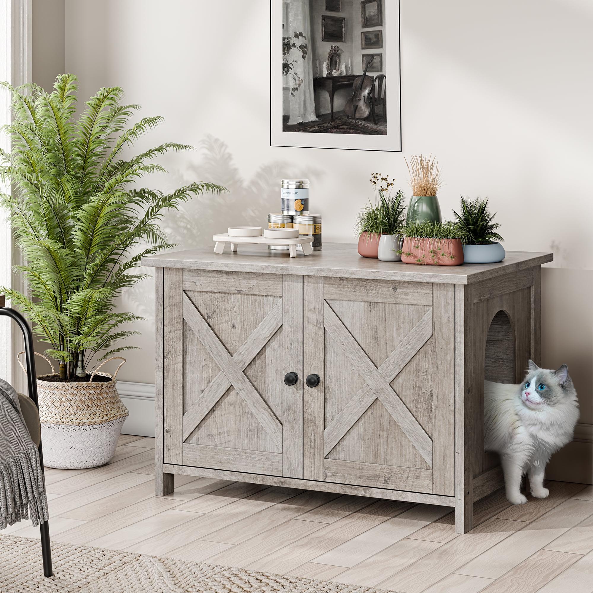 Walsunny Hidden Cat Litter Box Cat Washroom with Double Removable doors and Divider Indoor for Living Room Gray