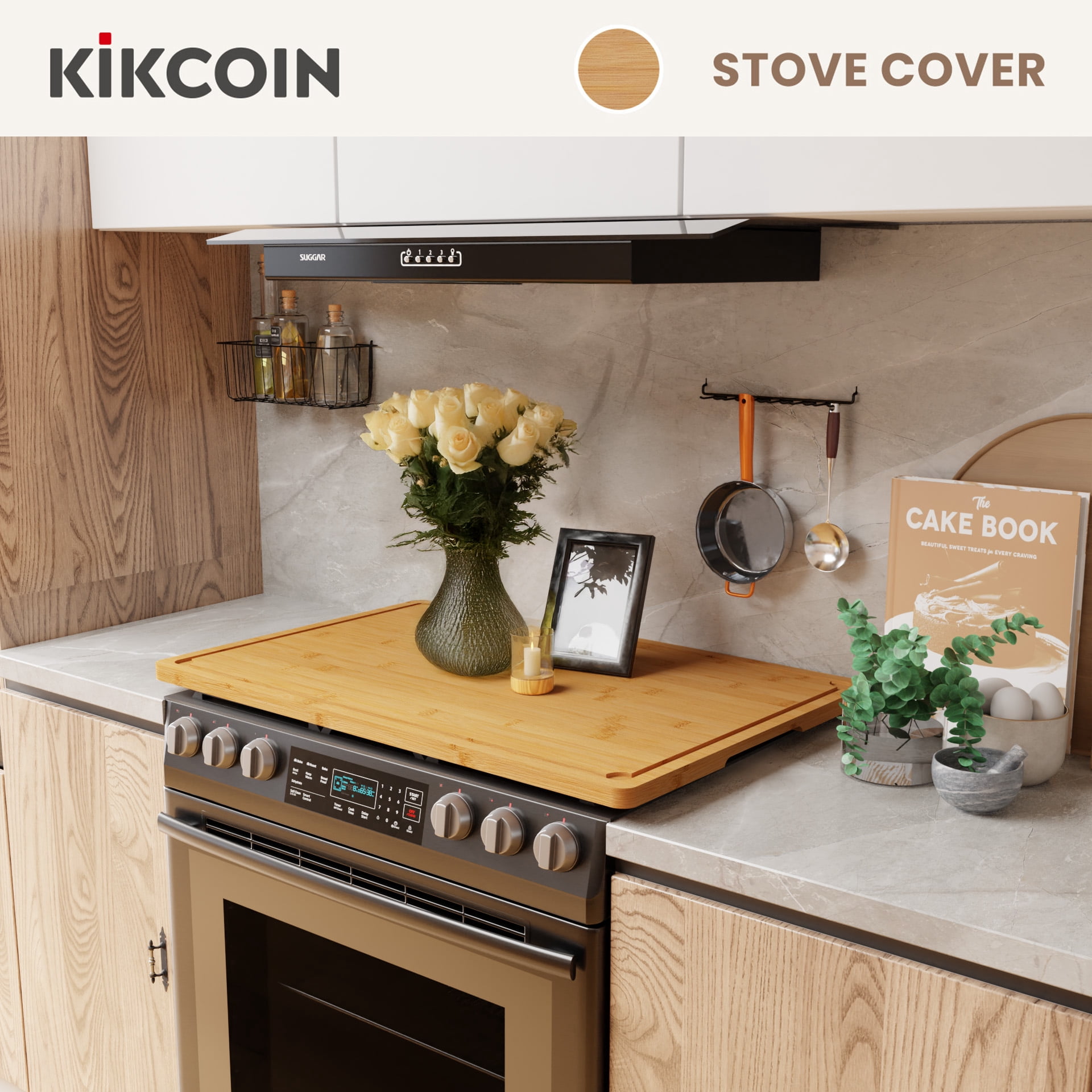 Kikcoin Extra Large Cutting Board, 30-inch Bamboo Stove Top Cover, Noodle Board with Side Handles, Reversible Kitchen Countertop Sink Cover