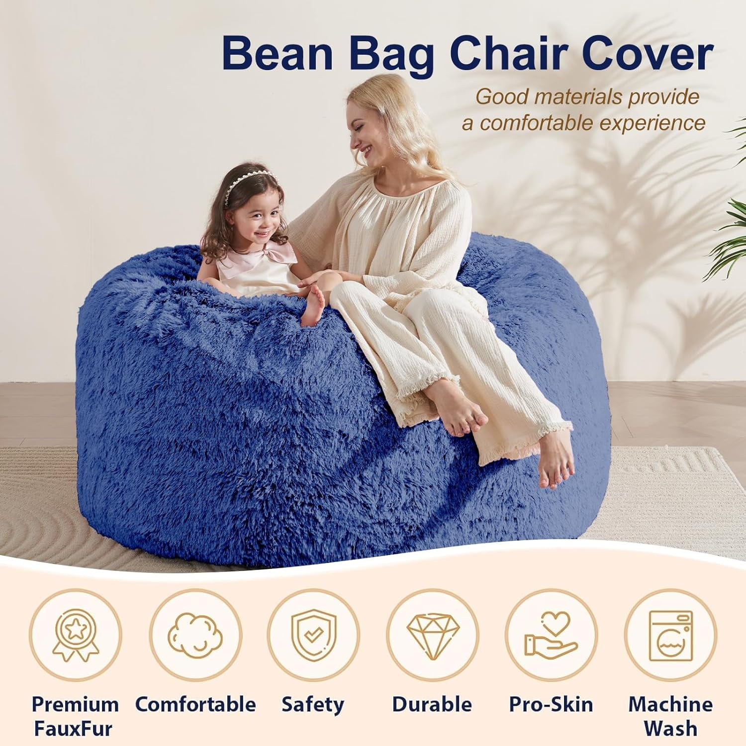 RAINBEAN Large Bean Bag Chair Cover, Plush Bean Bags Chairs Cover Only Without Filler Included, Beanbag Chairs for Adults, Teens, Kids, Dark Blue 5FT