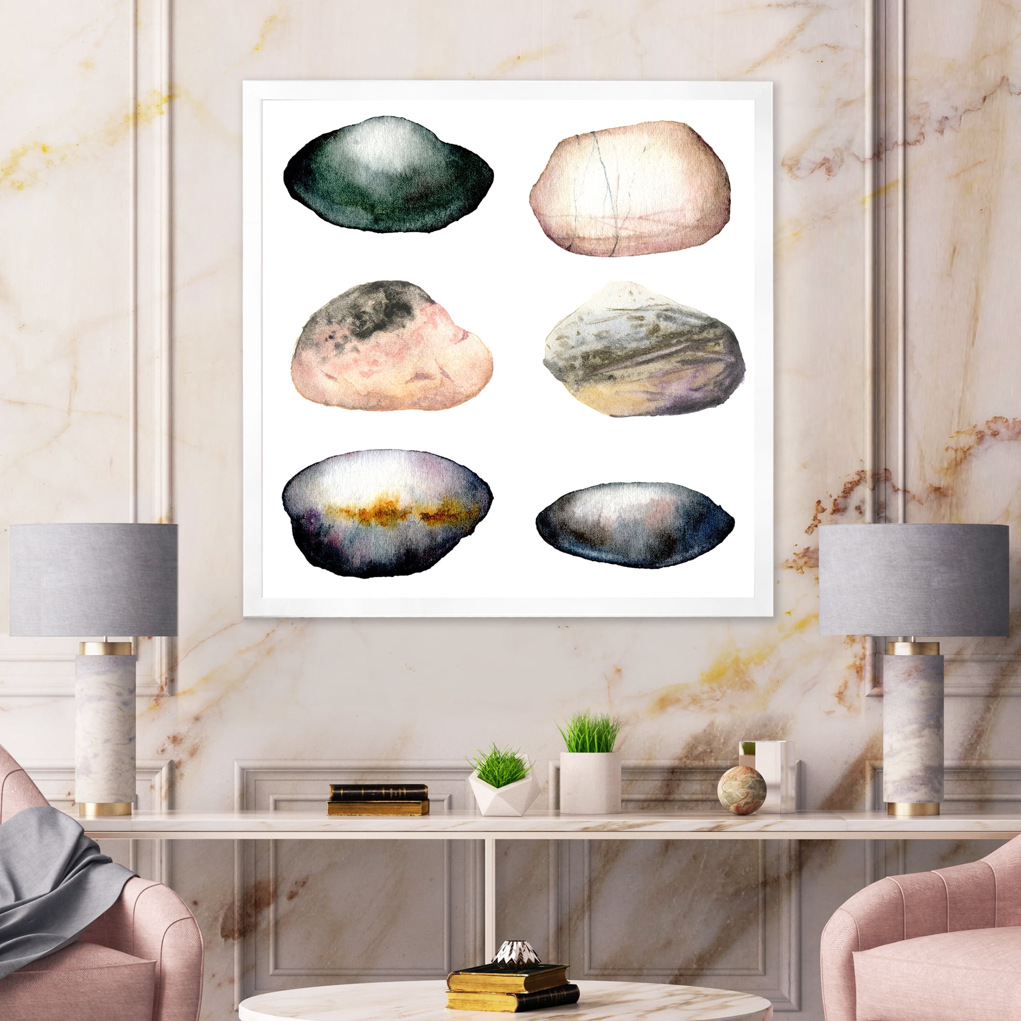 Designart 'Six Abstract Sea Stones On White' Nautical & Coastal Framed Art Print
