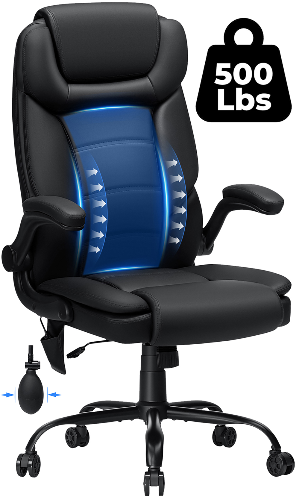 Hoffree Big and Tall Office Chair, 500LBS Executive Desk Chair with Adjustable Lumbar Support Ergonomic Computer Leather Chair with Padded Flip up Arms and Spring Cushion for Home Office