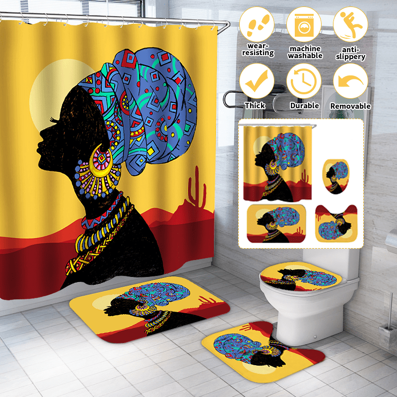 African Woman Bathroom Rug Set Shower Curtain Thick Toilet Lid Cover Bath Mat 
