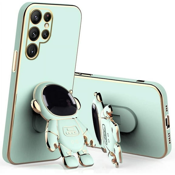 Compatible with Samsung Galaxy S23 Ultra Case Silicone TPU Plating, Samsung S23 Ultra Phone Case Cute Astronaut Pattern Cover with Stand for Women Girls (Green)