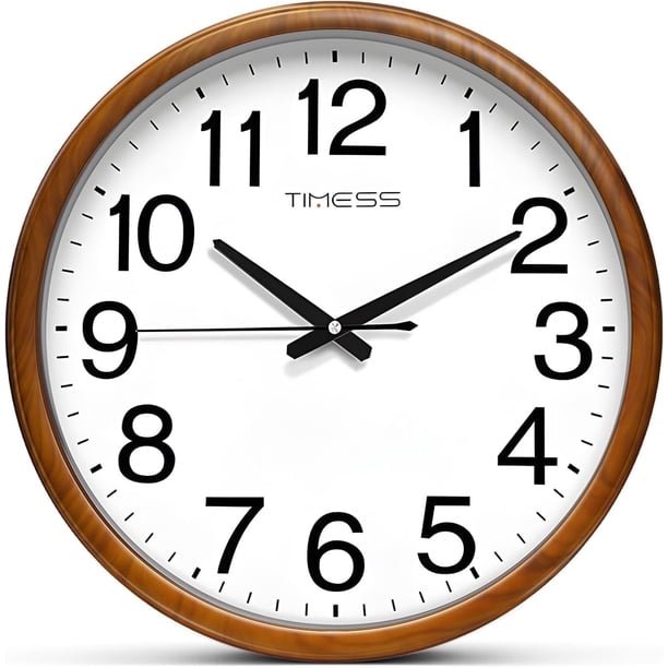 TIMESS 13" Reloj de Pared Silencioso con Marco de Madera Claro, Cara Fácil de Leer, Decorativo, sin Tictac