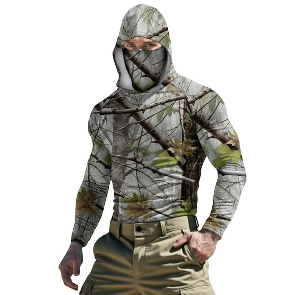 Lovzfmll Men's Protective Camo Face Mask Hoodie, Unisex Long Sleeve Cooling Top for Summer Camouflage, XL