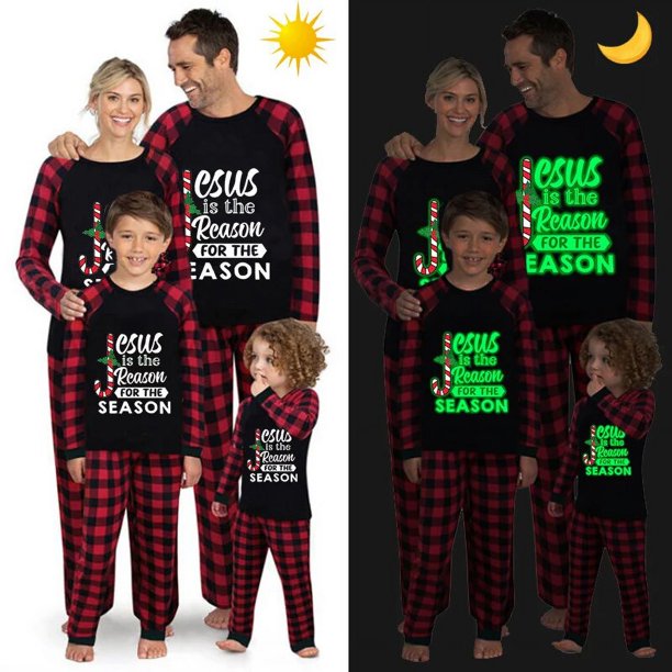 Pijamas familiares a juego de Navidad, juego de pijamas luminosos, Jesús es la razón, cuadros rojos