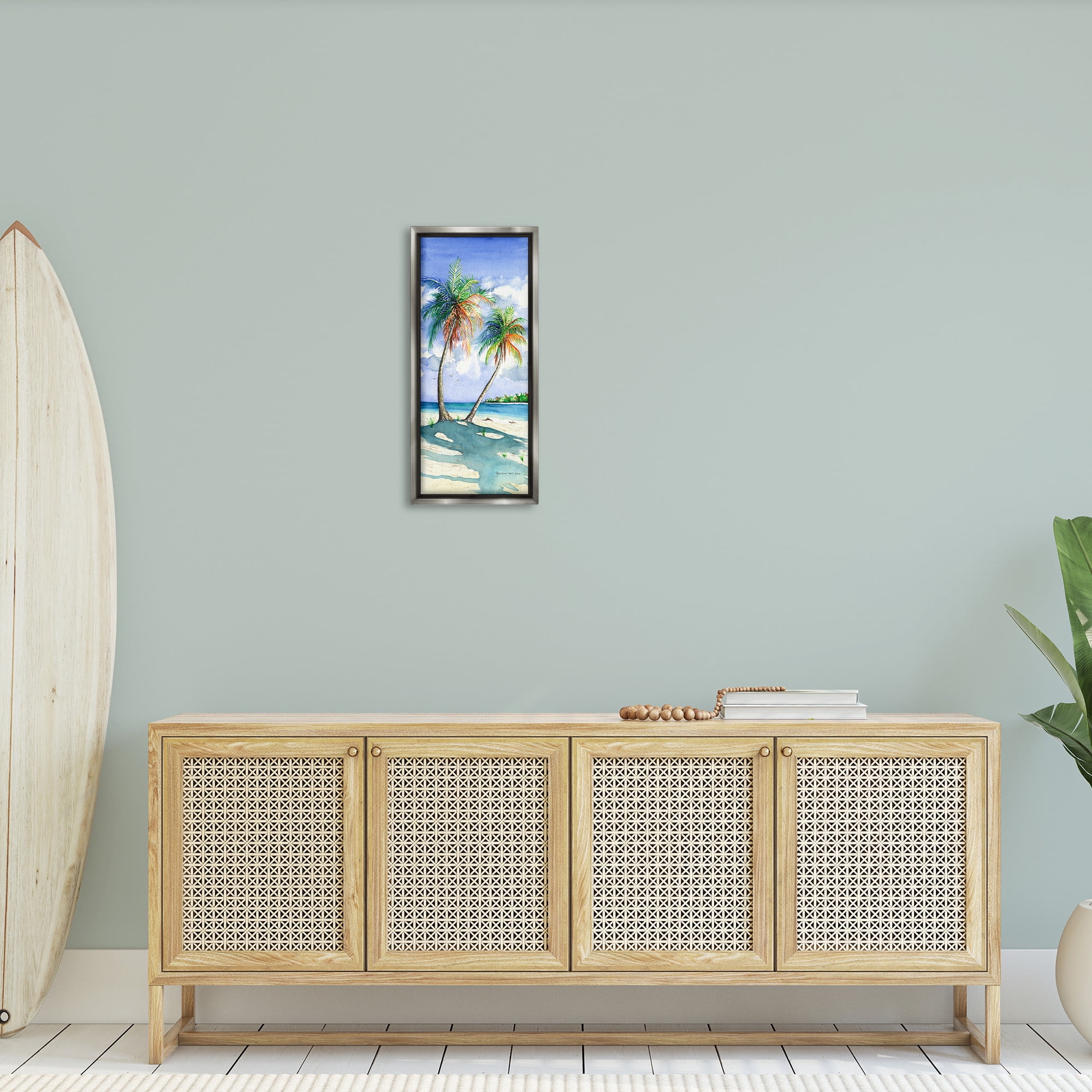 Stupell Industries Sunlit Palm Trees Landscape Painting Gray Floater Framed Canvas Art Print Wall Art, 11 x 25