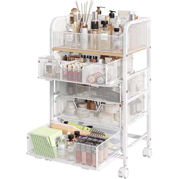 X-COSRACK Rolling Makeup Cart Organizer with 4 Drawers, Wood & Metal Vanity Storage for Skincare & Cosmetics, White