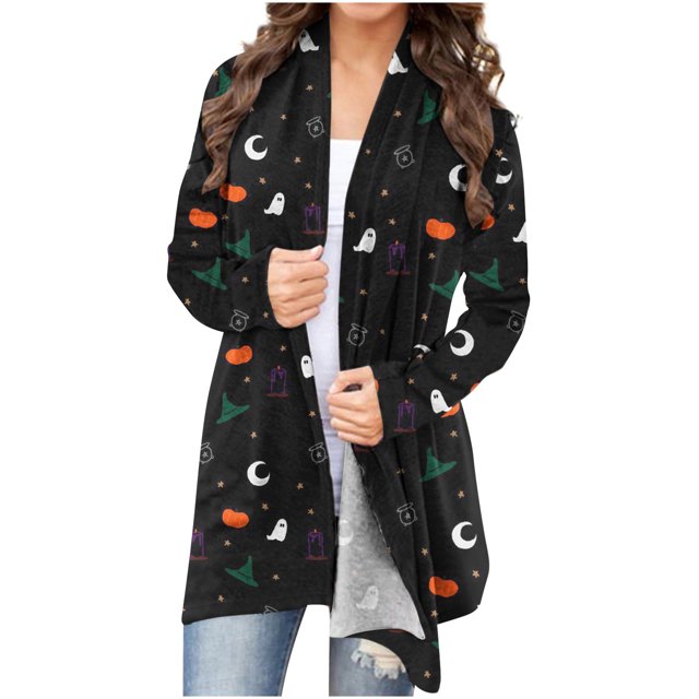 Camiseta de manga larga para mujer, cárdigan de otoño, cárdigan suelto, camisa estampada, cárdigan, Top, cárdigan de Halloween, camisa Pompotops qwe20864