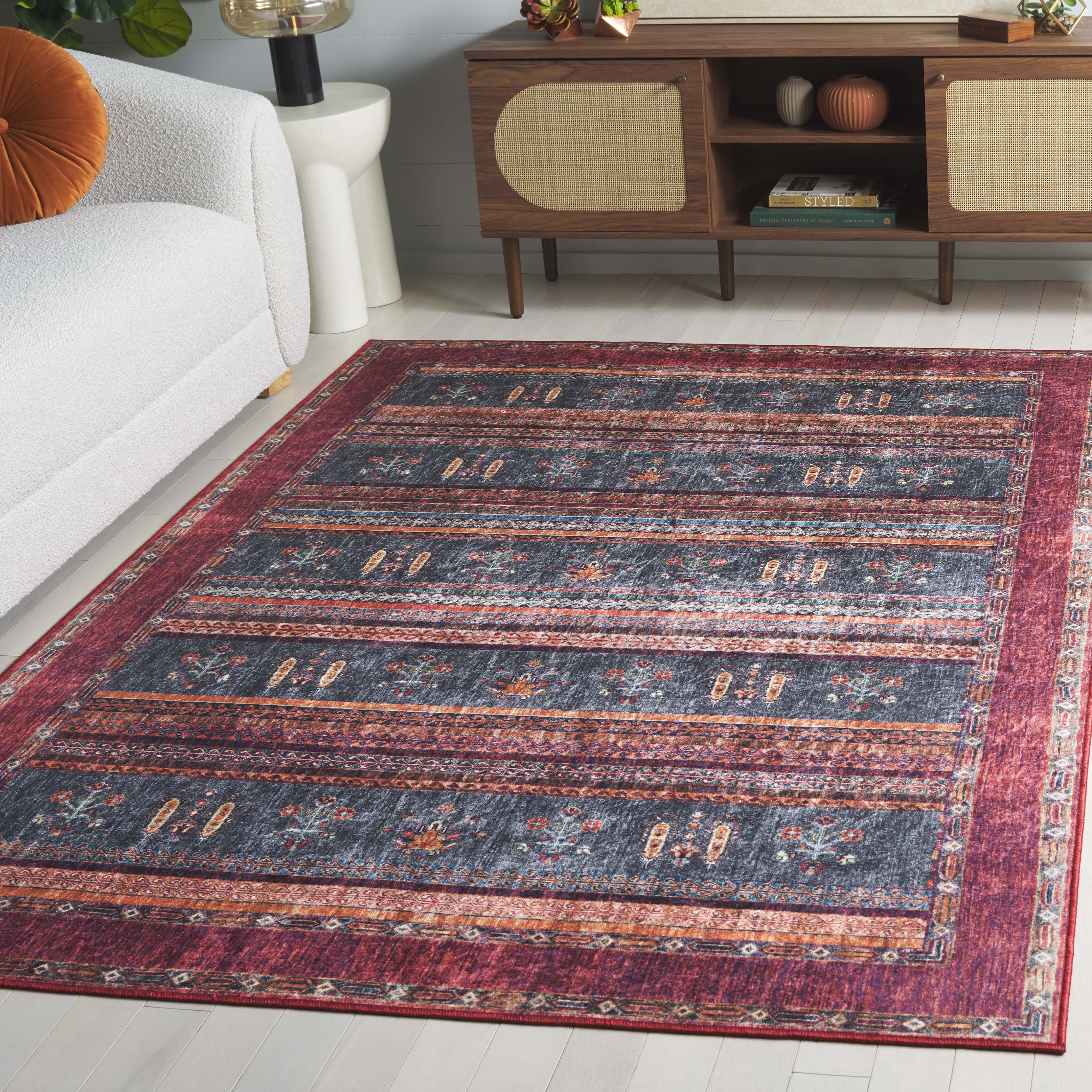 SAFAVIEH Orlando Kaeden Striped Machine Washable Area Rug, Rust/Blue, 8' x 10'