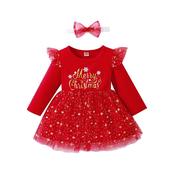 Toddler Baby Girl Christmas Dress Letters Print Ruffle Long Sleeve A-line Princess Dresses   Headband 9M 12M 18M 24M 3T 4T