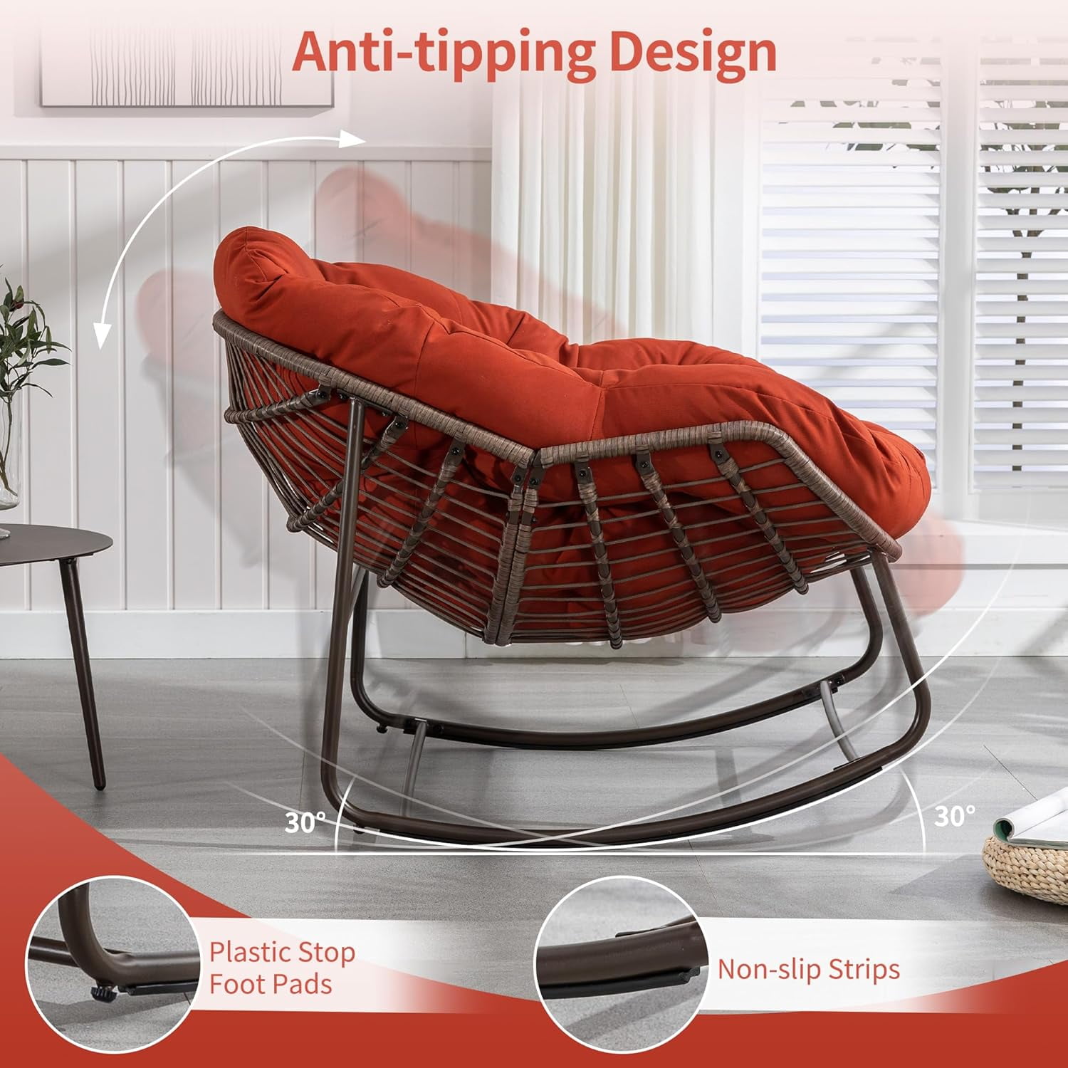 MOONMISS Outdoor Patio Rattan Oversized Rocking Chairs Set of 2 with Padded Cushion-Orange