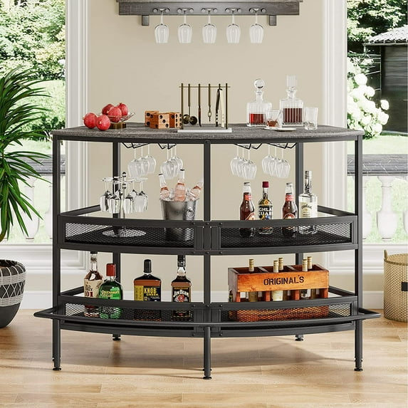 3 Tier Bar Unit, Bar Counter with Storage Shelves and Stemware Holder with Footrest for Home Pub, Black Rustic Gray