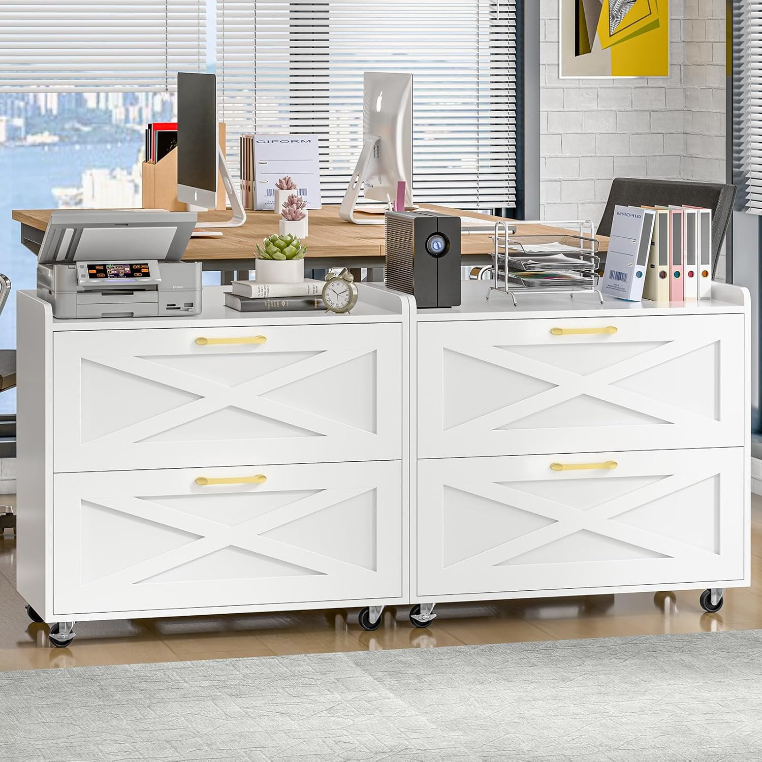 2 Drawer Lateral File Cabinet, Mobile Filing Cabinet with Charging Station for Letter/Legal/A4 Size Hanging Files, Modern Farmhouse File Storage Cabinet with Wheels for Home Office, Simple White